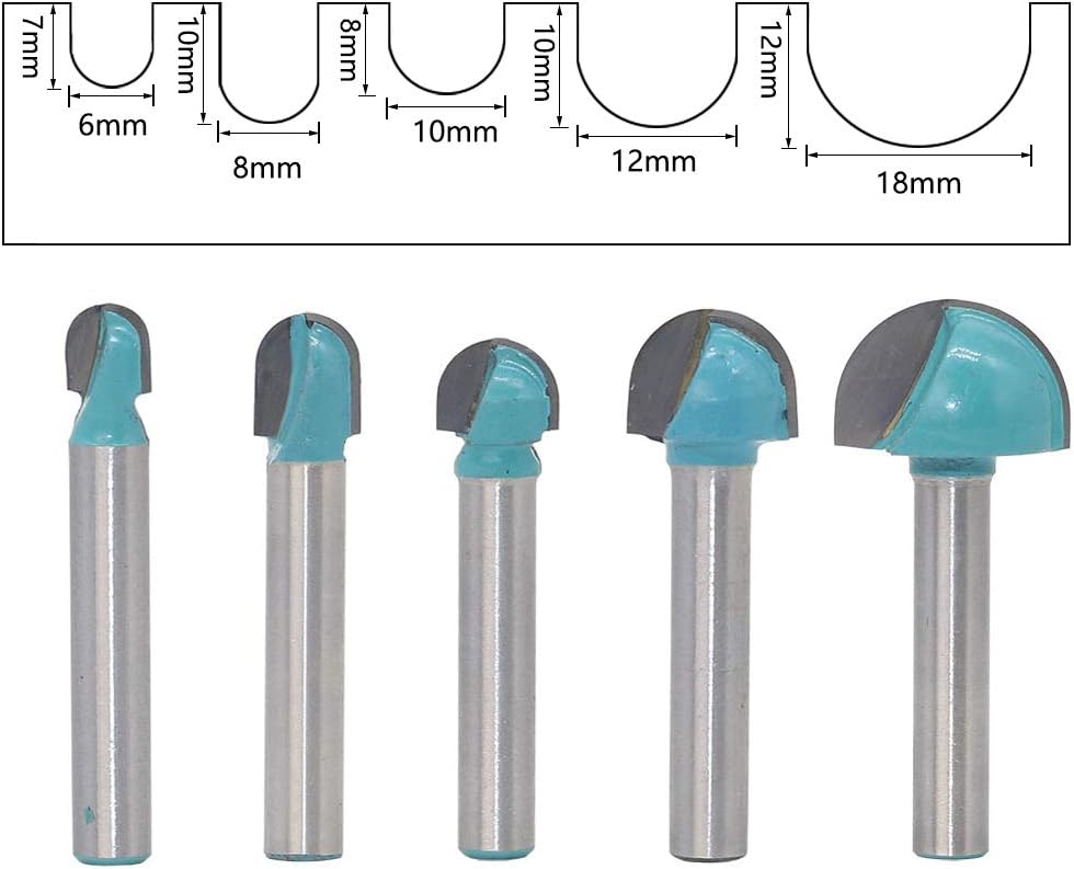 Saipor 6mm Shank Cove Core Box Router Bits Set Carbide Tipped Round Nose Double Edging Router Bits for Woodworking Grooving Pack of 5 - Image 5