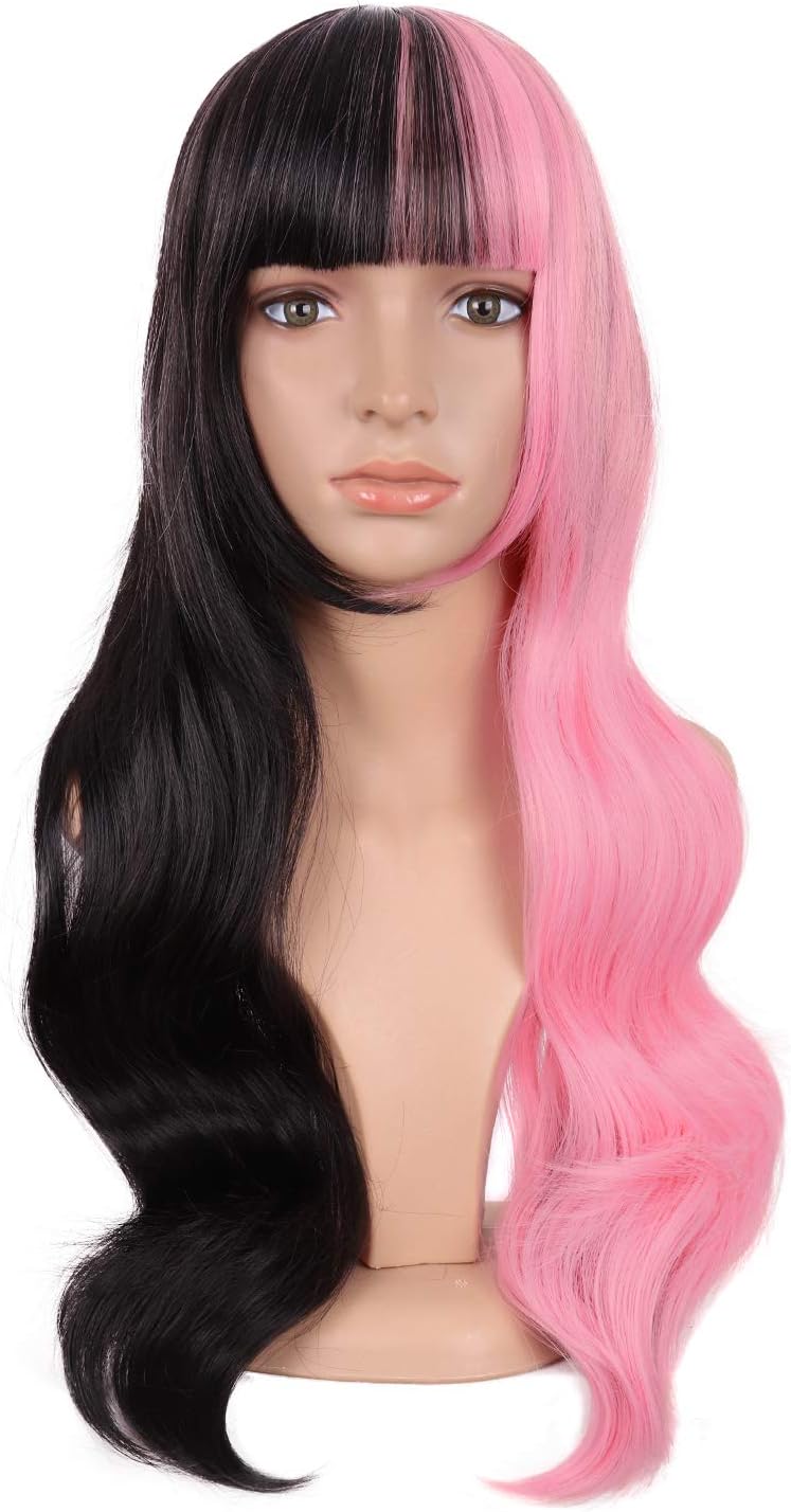 MapofBeauty 24 Inch/60cm Multicolor Flat Bangs Long Curly Fashion Cosplay Party Wig (Half Pink Half Black)