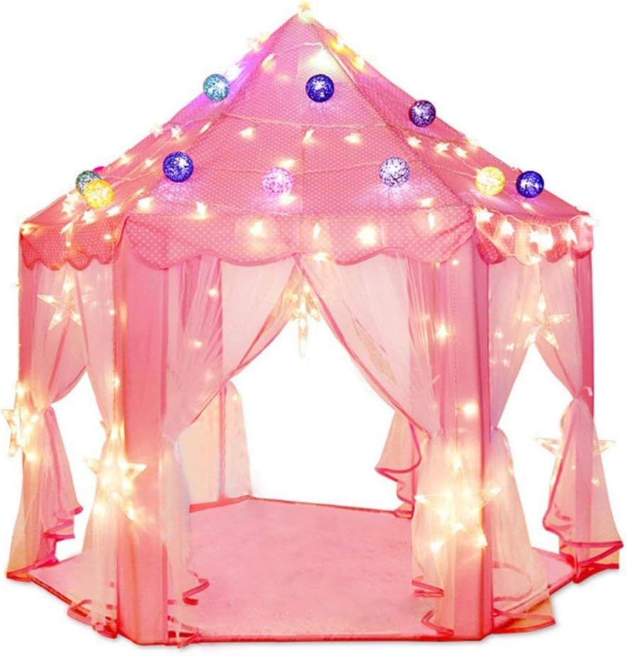 Floving Pink Play Castle Huge Kids Play Tent Princess Castle Play Tents,Large Playhouse With Led Lights-Indoor and Outdoor Use (Pink)