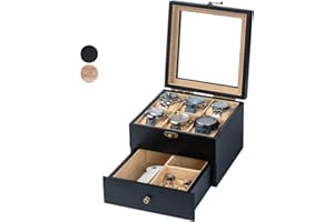 Exper City Watch Box, Watch Case for Men Women with Large Glass Lid, Wooden Watch Display Storage Box with 2 - Layers & 6 - Slots, Black Mens Watch Box Organizer