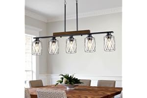 DVMTEOM 5-Light Dining Room Light Fixture/Chandelier Over Table, Island Lighting Hanging for Farmhouse Linear Chandeliers Matte Black Rustic Wood Ceiling Pendant Light Fixtures, with Clear Glass Shade