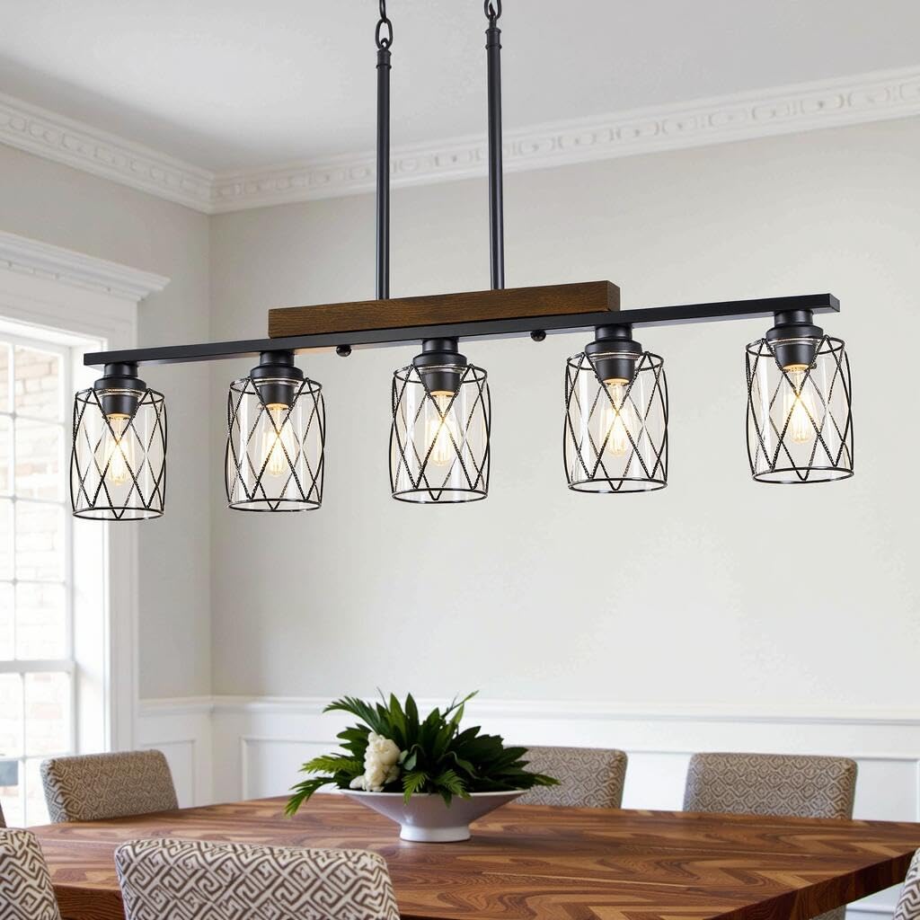 Photo 1 of 5-Light Dining Room Light Fixture/Chandelier Over Table, Island Lighting Hanging for Farmhouse Linear Chandeliers Matte Black Rustic Wood Ceiling Pendant Light Fixtures, with Clear Glass Shade