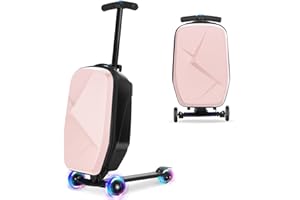 SMILESUN Scooter Luggage For Kids & Adults， Hardside Ride On Suitcase For Kids Ages 4-15 Multifunctional Lightweight Foldable Carry On Luggage With Wheels Ride On For Children Teenagers (Light Pink, 20")