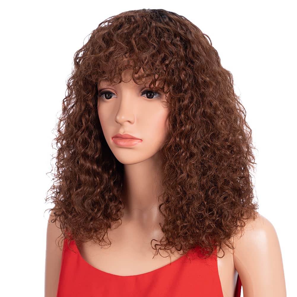 Spotlight Short Kinky Curly Wigs 12 inch Bob Loose Wave Human Hair Wigs for Women Brazilian Virgin Human Hair Wigs with Bangs Natural Looking (Reddish Brown, TT1B/33)