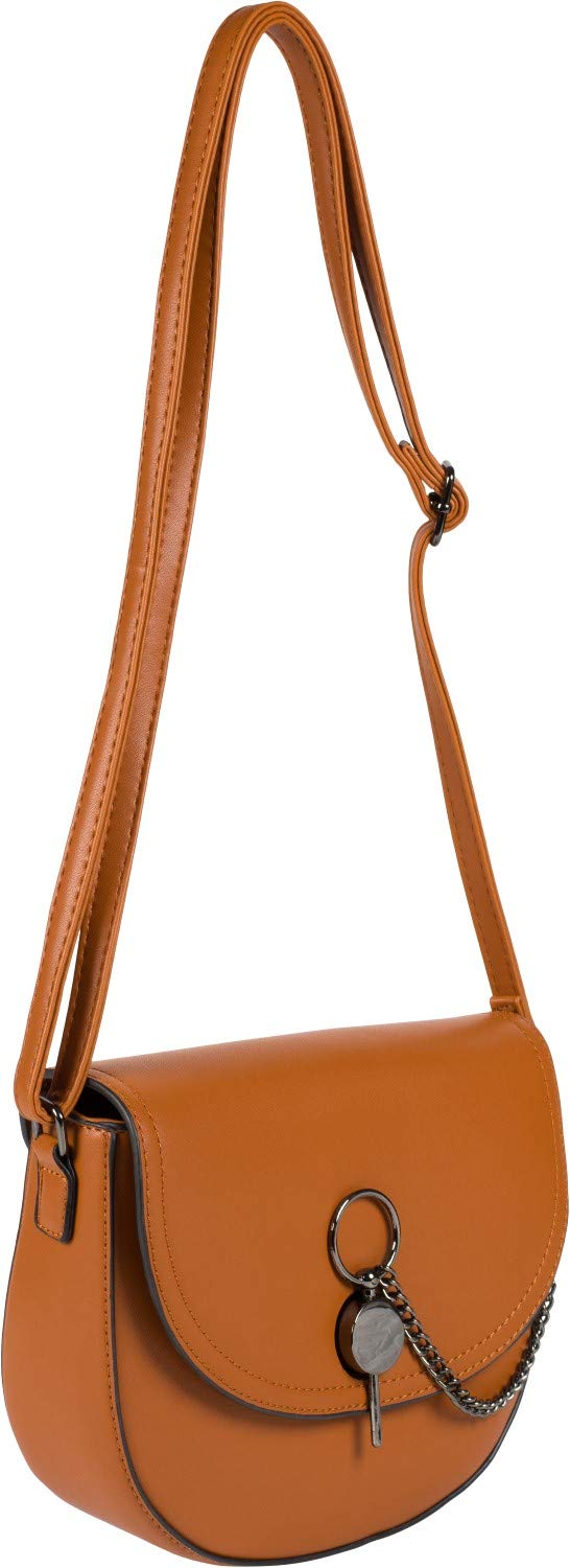 styleBREAKER Women semicircular Saddle Bag shoulder bag unicoloured, pen closure and chain, shoulder bag, bag 02012354, color:Cognac