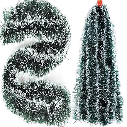 PragAart Dark Green Tinsel Garland With White Tips For Christmas Xmas Decoration (10, 6 Foot)