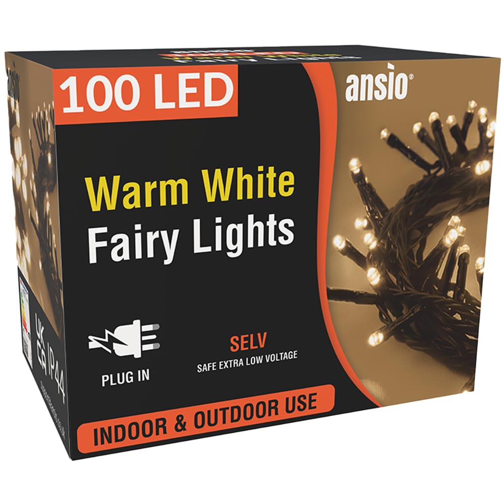 ANSIO® Christmas Lights 100 LED 10m/32ft Christmas Tree Lights for Indoor & Outdoor Warm White Decorations Fairy String Lights for Xmas Garden Bedroom & Party | Mains Powered Green Cable