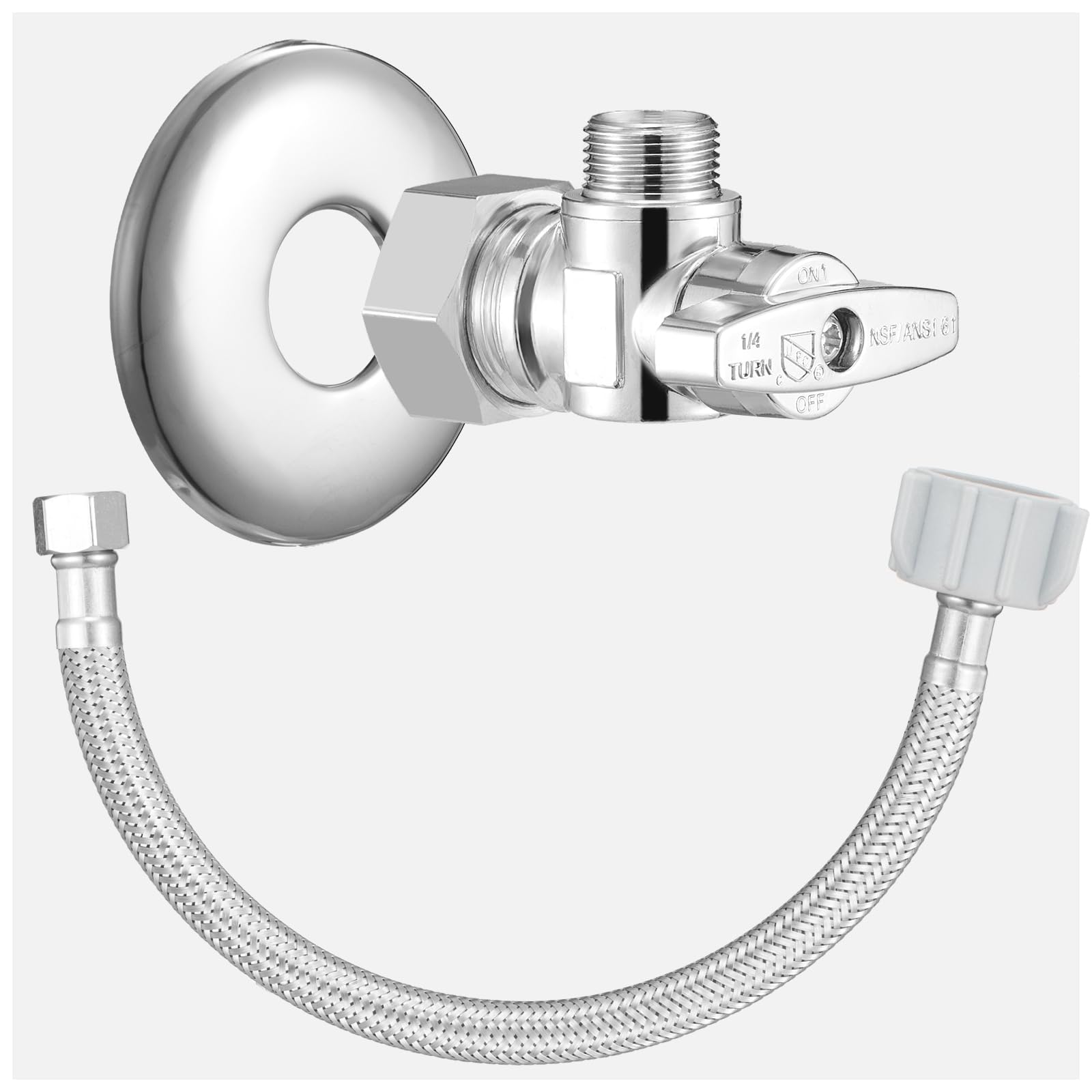 Photo 1 of 9'' Toilet Water Supply Line & Shut Off Valve Installation Kit, 1/2" NOM Inlet x 3/8" Compression Outlet Valve, 7/8" BC x 3/8" COMP Water Line Hose, Chrome Flange Escutcheon Plate