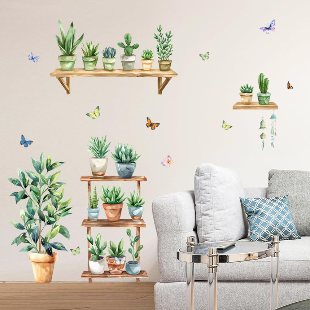 Peacoblue Wall Stickers Decor Green Potted Plants, 2 Sheets 30cm x 96cm Waterproof Decorative 3D Wall Decals for Bedroom Living Room Office Kitchen Bathroom