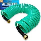 25FT Coiled Boat Hose, Expandable Coil Water Hose, Marine Grade 3/4 Inch | Connectors, Perfect for RV Wash, Garden, and Marine Washdown, Self-Recoil Design, 25 Foot Length