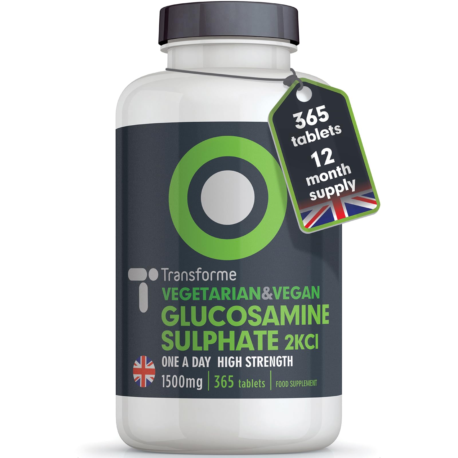 Glucosamine Sulphate 2KCl 1500mg 365 Tablets, 1 Year Supply, Vegan High Strength Glucosamine, 1 Coated Breakable Tablet Per Day, UK Made Supplement for Men and Women by Transforme