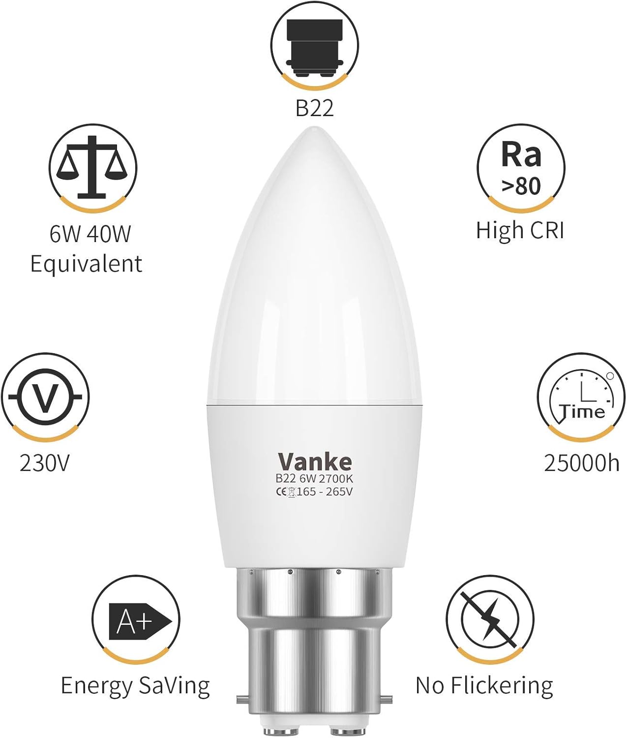 Vanke Bayonet Candle Light Bulb 40w Equivalent, B22 LED Bulbs Warm White 2700K, 6w Energy Saver Bulb, 470 Lumen, Non-Dimmable, 3-Pack - Image 4