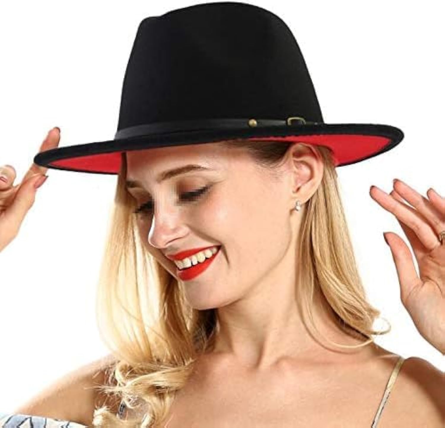 VANTOBEST Two Tone Wide Brim Fedora Hats Felt Panama Hat Dress Hat Church Derby Hat with Belt Buckle for Men Women (Black-red)