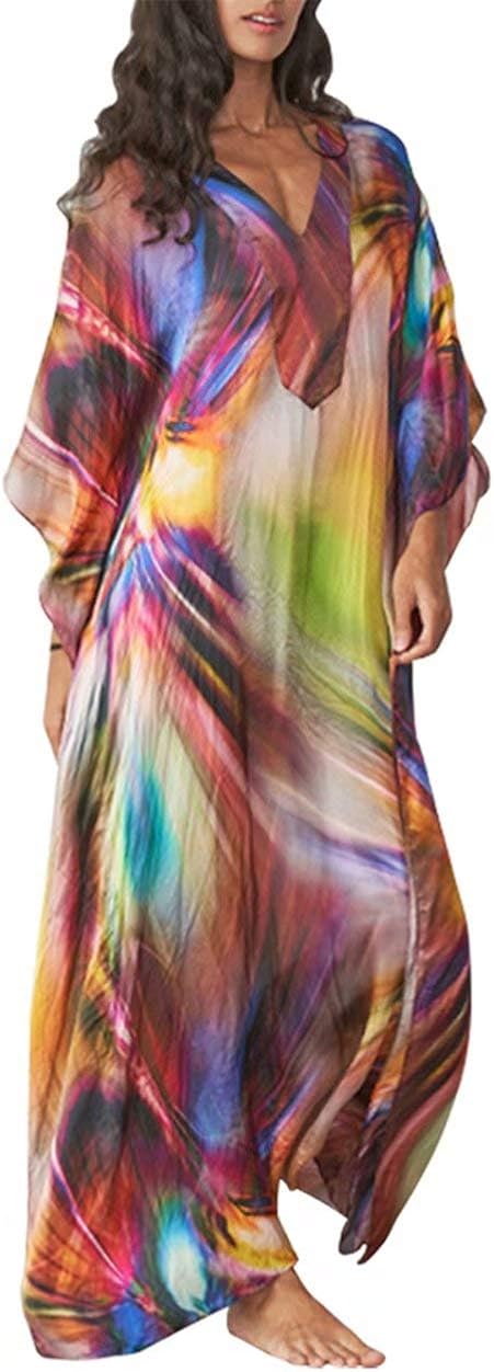 Hoperay Kaftans Dresses for Women Beach Swimwear Cover Ups V Neck Half Sleeve Multicolor Print Loungewear Caftans Summer Red Beachwear at  Women’s Clothing store