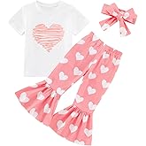Ninobebe Toddler Girl Valentines Outfit Love Heart T-Shirt Bell Bottom Pants Headband 3Pcs Summer Clothes Set 1-6T