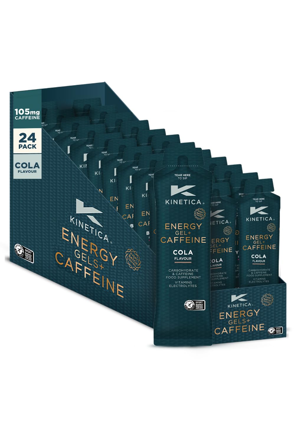 Kinetica Sport Quick Release Energy Gel + Caffeine - Cola Flavour | 105mg Caffeine, 27g Carbohydrates/Serve | 24 x 70g Pack | Contains Range of B Vitamins & Electrolytes | Fast Acting Energy Source