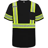TCCFCCT Hi Vis Shirts for Men Class 3 High Visibility Shirts with Short Sleeves, Reflective Safety Shirts for Men Women, Construction Work Shirts with Green Edge, Durable & Breathable, DT-Black XL