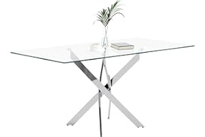NIERN Tempered Glass Dining Table with Chromed Legs, 47in Rectangular Kitchen Table for Kitchen Dining Room Home Office (47.24 * 27.55, White/Silver)