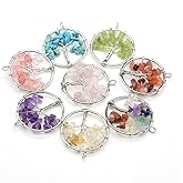 LE SKY 7 Pcs Natural Chip Stone Pendants Mixed Crystal Stone Wire hand knitting Life Tree Charms for Jewelry Making Necklace Bracelet DIY