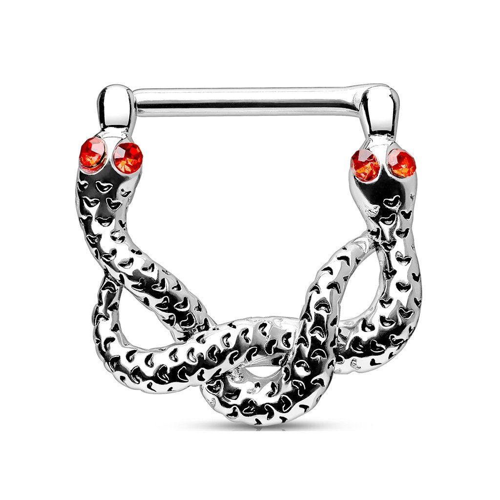 PiercedOff Clicker Ring with Intertwined Snakes with Red CZ Gem Eyes