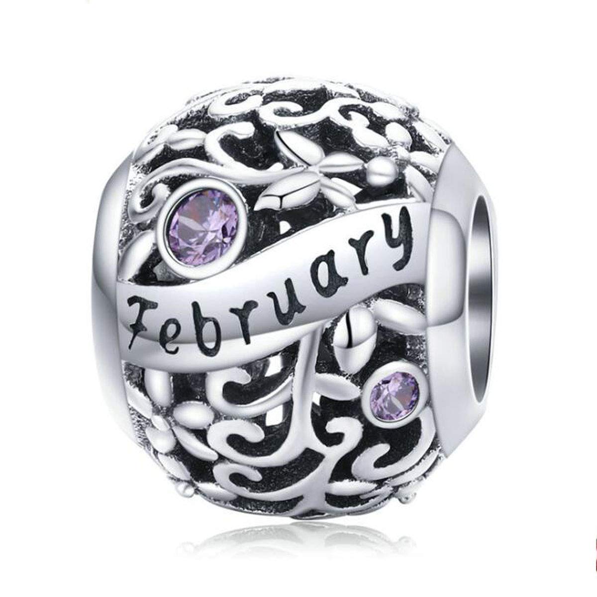 Women September October Birthstone Charm Beads 925 Sterling Silver Charms Happy Birthday 12 Birthstone Charms fit for Pandora Bracelets (Birthstone Charm February)