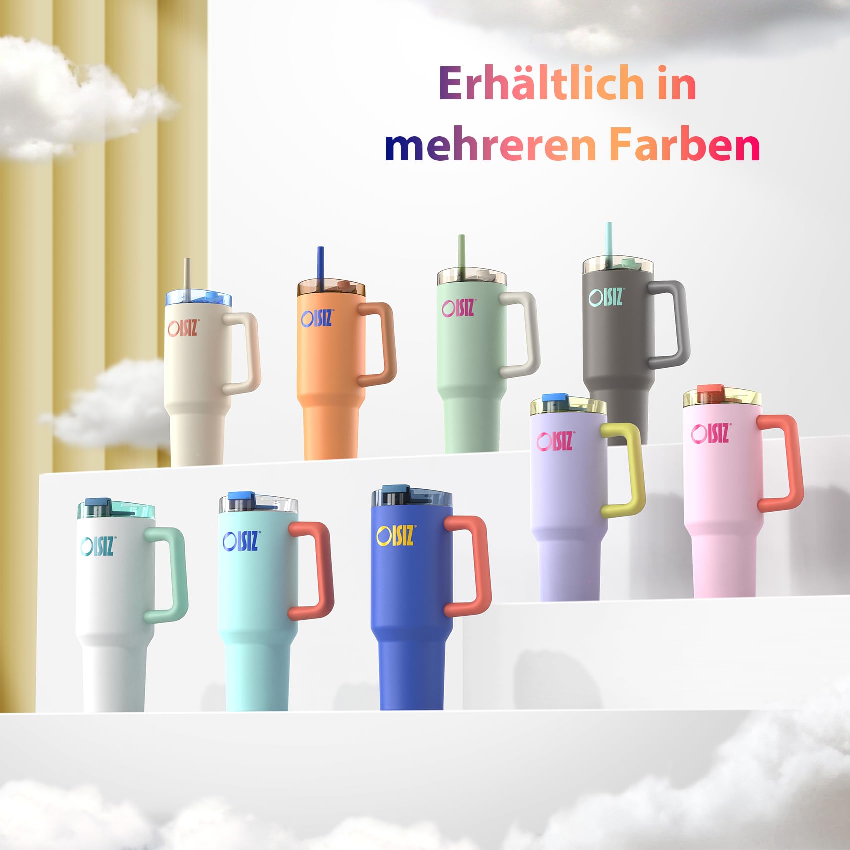 OISIZ Becher mit Griff und Trinkhalm,1200 ml/1.2L Isolierter Edelstah Thermobecher,Wasserflasche EiskaffeeReisebecher,Trinkflasche mit Strohhalm,Deckel zum Schlürfen oder Trinken,BPA-frei 6