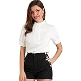 Allegra K Women's Vintage Office Blouse Tops Half Placket Puff Sleeve Ruffled Shirt