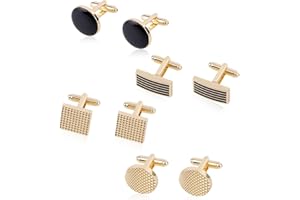4 Pairs Cufflinks for Men, Classic Rectangle Striped Round Gold-Tone Cuff Links Set for Men Groom Shirts Suits (4 Designs)