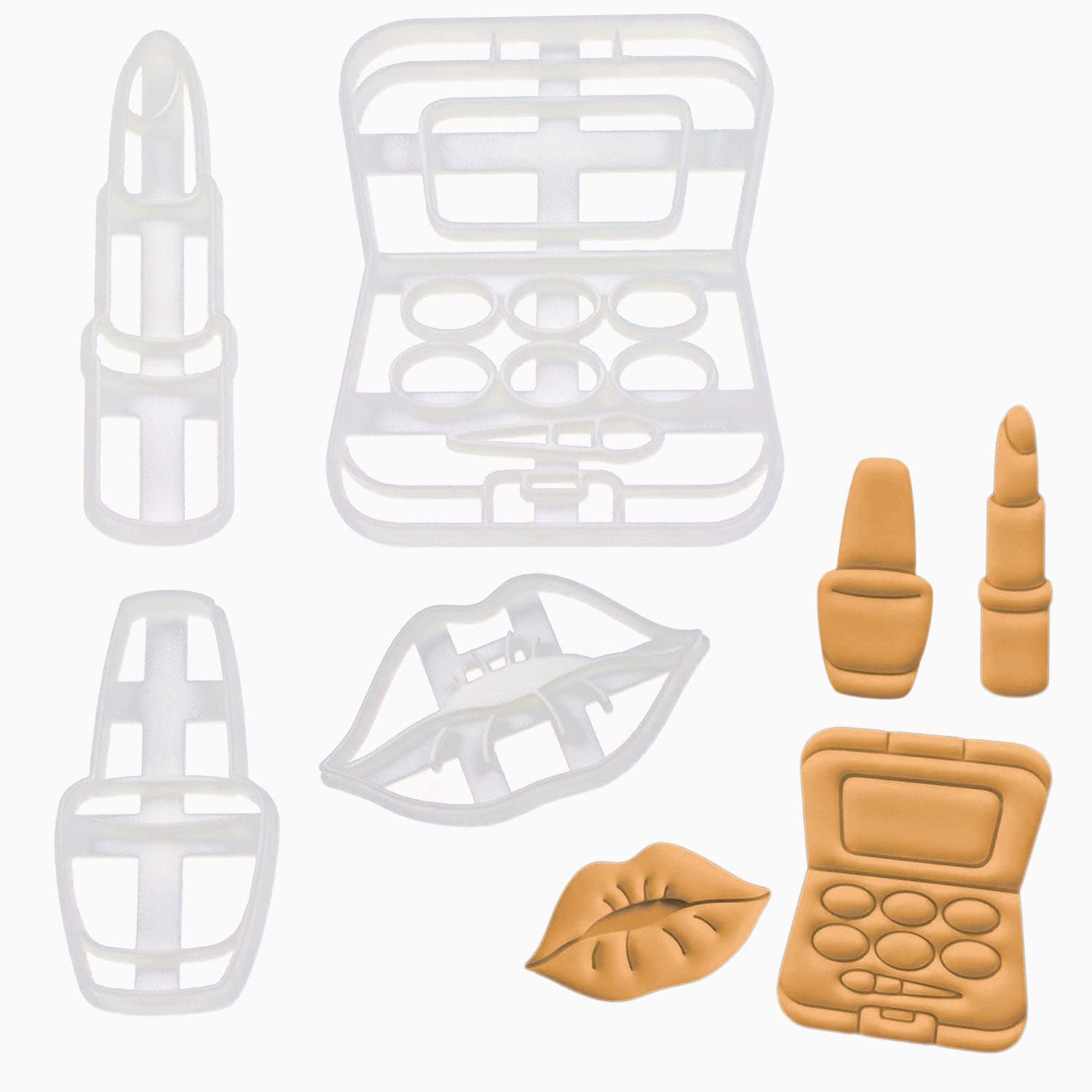 BAKERLOGY Set of 4 Make-Up Themed Cookie Cutters (Designs: Lip Kiss, Nail Polish, Eyeshadow, and Lipstick) - Detailed Biscuit Cutter Design for Baking and Crafts, Ideal on Fondant, Dough, Clay
