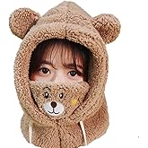 Kids Balaclava 3 in 1 Cute Bear Hat Scarf Mask Set for Toddlers Boys Girls Winter Fleece Beanie Neck Warmer Face Cover