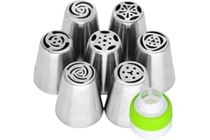 Russian Piping Tips Kit, Cake Piping Nozzles Tips 7 PCS Stainless Steel Piping Tips and 1PCS Coupler Syringe Icing Piping Noz