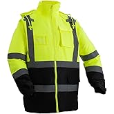 VEVOR High Visibility Reflective Safety Jacket, Waterproof Safety Hoodie, Work Construction Coat with Pockets for Men & Women, Rain Gear Meet ANSI & Class 3, Hi Vis Yellow Coat with Black Bottom, L