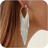 Ritach Silver Golden Tassel Earrings Dangling for Women Long Golden Formal Fringe Dangle Earrings Statement Chain Chandelier Trendy Jewelry for Party Prom