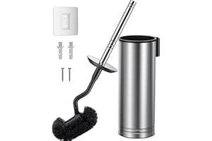 HAMITOR Toilet Brush and Holder Set: 304 Stainless Steel Heavy Duty Bowl Cleaner Brush - Deep Cleaning Under Rim Curved Bristle - Space Saving Wall-Mounted for Home RV Bathroom Accessories Silver