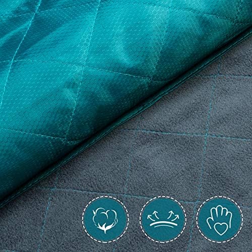 Water-resistant picnic blanket with checkered pattern, measuring 79 x 59 inches.