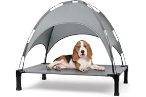 Heeyoo Elevated Dog Bed with Canopy, Outdoor Dog Bed Cot with Removable Shade Tent, Portable Raised Pet Cot Cooling Bed for Dogs and Cats, Grey