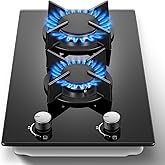 Gas Stove 2 Burner, Propane Cooktop 12 Inch, Built-in Gas Cooktop Black Tempered Glass Stove Top with Thermocouple Protection, LPG/NG Dual Fuel Hob for Apartment, Kitchen, RV