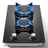 Gas Stove 2 Burner, Propane Cooktop 12 Inch, Built-in Gas Cooktop Black Tempered Glass Stove Top with Thermocouple Protection, LPG/NG Dual Fuel Hob for Apartment, Kitchen, RV