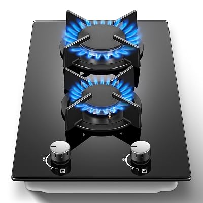 Gas Stove 2 Burner, Propane Cooktop 12 Inch, Built-in Gas Cooktop Black Tempered Glass Stove Top with Thermocouple Protection, LPG/NG Dual Fuel Hob for Apartment, Kitchen, RV