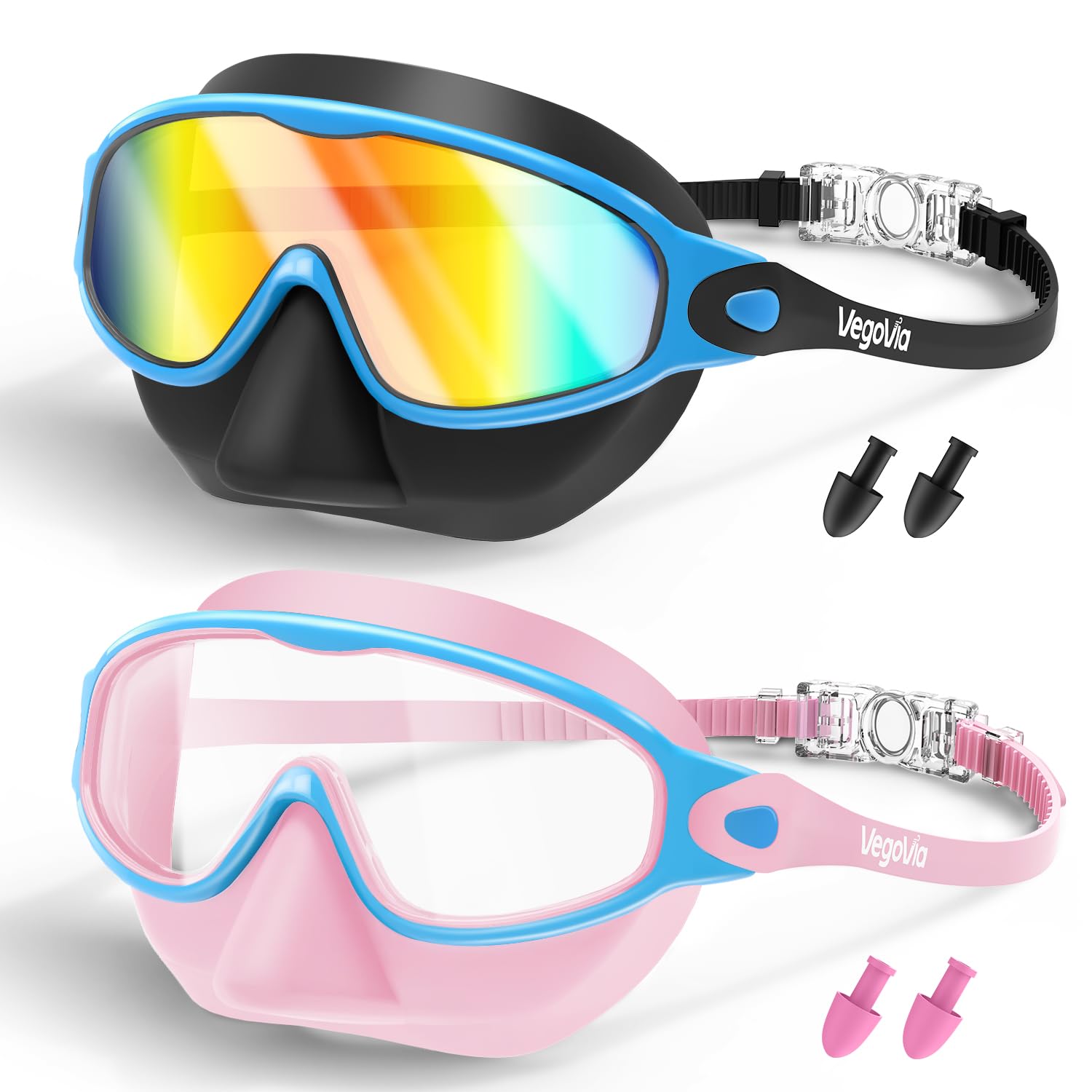 Photo 1 of 2 Pack Kids Swim Goggles with Nose Cover, Anti-Fog UV Protection Swimming Goggles for Children Youth 3-15,Wide View