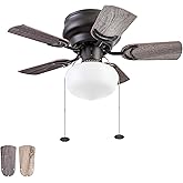 Prominence Home Hero 28 Inch Traditional Flush Mount LED Ceiling Fan with Light, Pull Chain Control, 5 Dual Finish Blades, Br