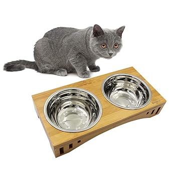 Pupteck Raised Pet Bowls For Cats And Dogs Adjustable Bamboo