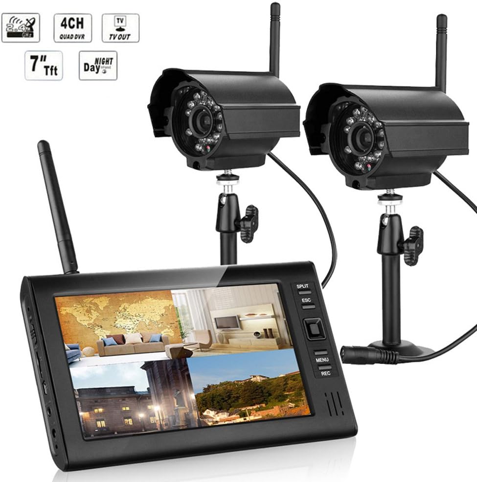 AmgBo 7" TFT LCD Digital 2.4G 4CH DVR Wireless Audio Video Baby Monitors Security System with 2pcs IR Cameras