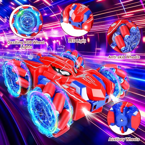 Kssvzz Spider Remote Control Car for Children 14 km/h, 360° Rotation RC Stunt Toy with Wheel Lights, 2.4 GHz Radio Controlled Car, 4 Wheel Drive, Gift Toy for Boy Girl 3 4 5 6 7 8 9 Years Old | USB-C Rechargeable Battery, 360° Rotation, Cold Light, 4WD RC Car Toy for Ages 3, 4, 5, 6, 7, 8, 9 Years, Boys