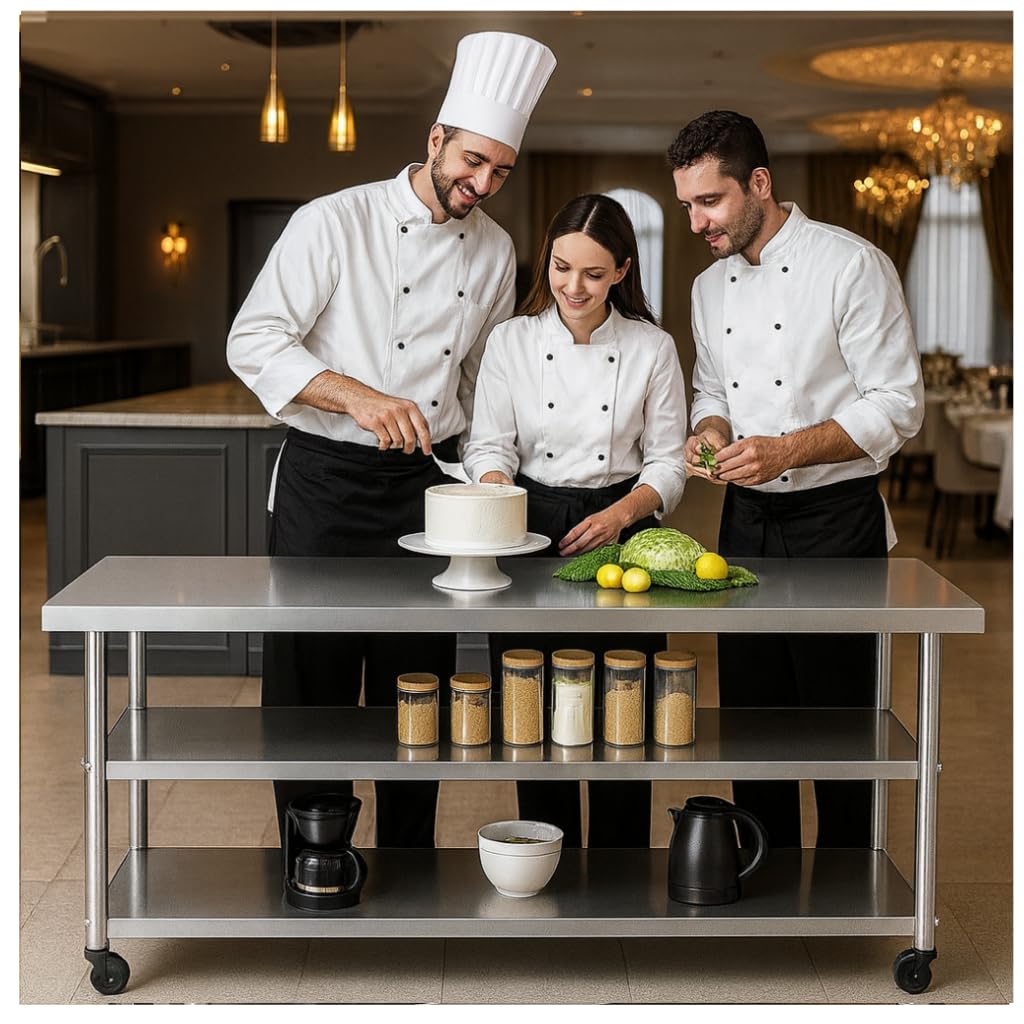 Photo 1 of Stainless Steel Table with Wheels for Food Preparation and Work, Multi-Size Optional, Three-Layer Variable Two-Layer Metal Commercial Workbench Outdoor, Restaurant, Kitchen (72" Lx24 Wx34 H)