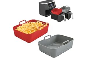 Golden Associate Silicone Liners Rectangle 2 Pcs for Air Fryer Dual Basket 8 to 10 Qt, Food-grade Reusable Baking Tray Fit Ninja DZ201 DZ401 DZ550, 4 to 5 Qt Each, Double Zone Airfryer Accessories