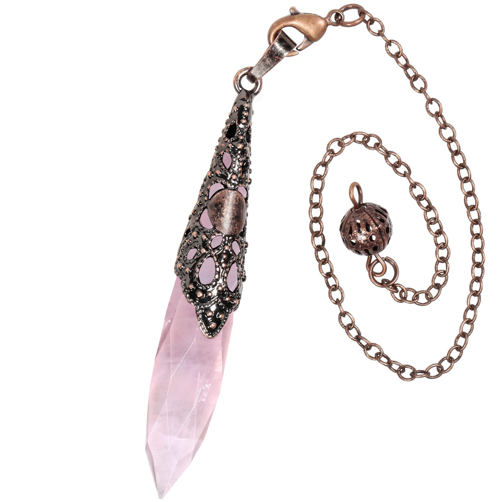 Nupuyai Rose Quartz Crystal Stone Point Pendulum for Scrying Dowsing Divination, Faceted Vintage Healing Stone Pendulum with Chain