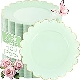 LIYH 100 Pcs Sage Green Dessert Plates Scalloped Plastic Cake Plate Gold Rim - 7.5 Inch Heavy-Duty Leak Proof Appetizer Plastic Plates for Birthday Wedding Holiday Party Self-Service Table Decor