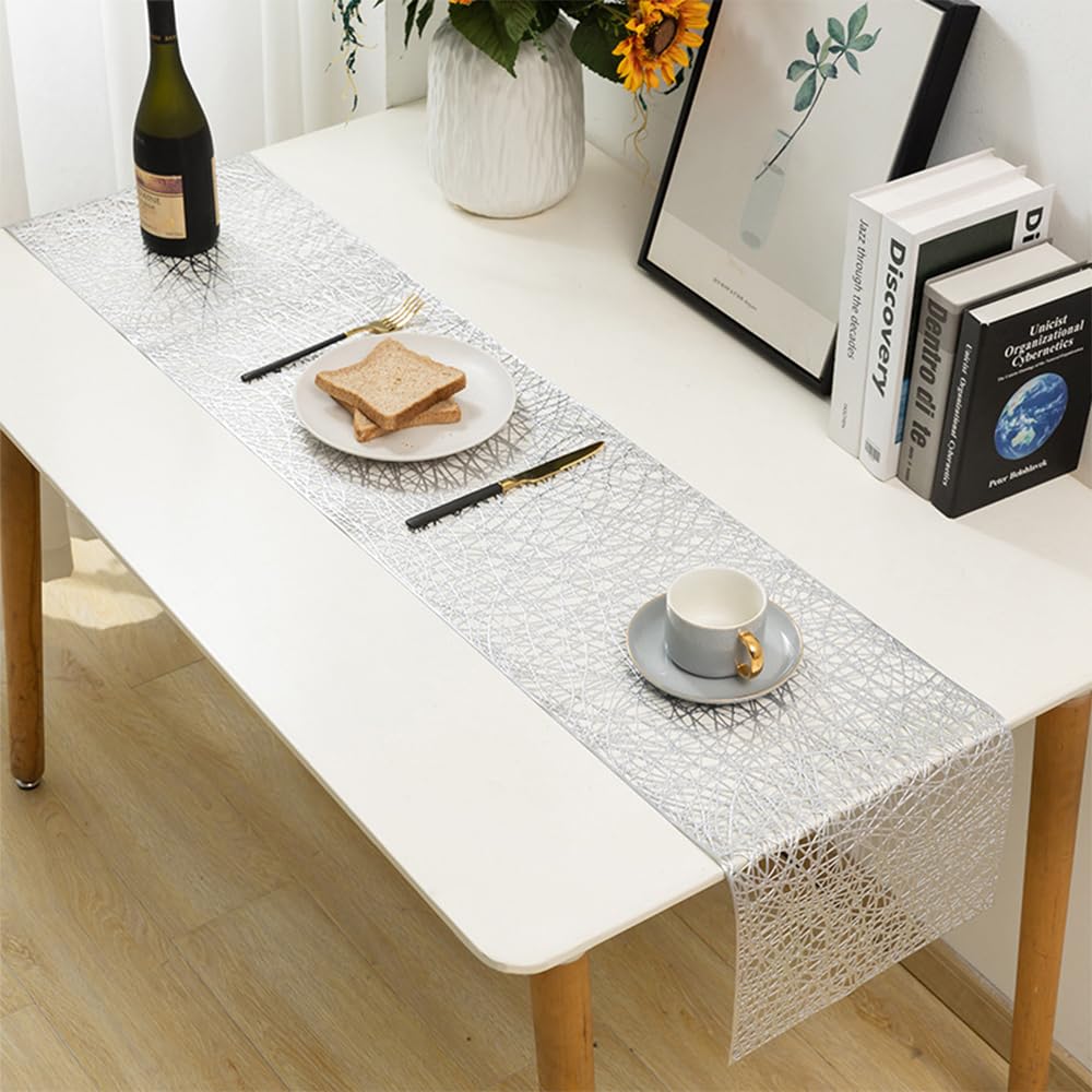 Hosoncovy Hollow Table Runner Non-slip Decorative PVC Table Mats Placemat Protective Heat Resistant Mats for Home Party Kitchen Dining Wedding Decor (30CM X 150CM) (Silver)