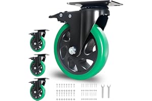 BZOLIHEU 5 Inch Caster Wheels, Plate Casters Set of 4 Heavy Duty, Silent Swivel Casters with Brake, Polyurethane Castor Wheels for Furniture and Workbench Cart, Green
